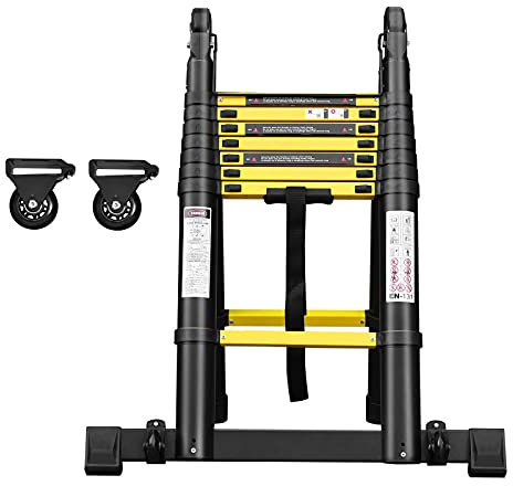 LZQ Klappleiter Anlegeleiter Teleskopleiter Ausziehleiter Alu Teleskop-Design Mehrzweckleiter, 16 Sprossen - 90cm bis 5m Anlegeleiter, 150 kg Belastbarkeit Gelb-Schwarz