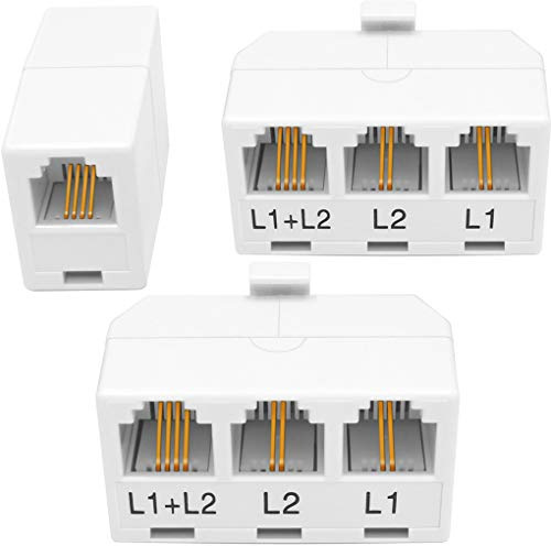 NECABLES 2+1Pack 2pcs Phone Jack Splitter 2 Line Adapter RJ11 1 Male to 3 Females (L1, L2, L1+L2) and 1pc Telephone Line Coupler White