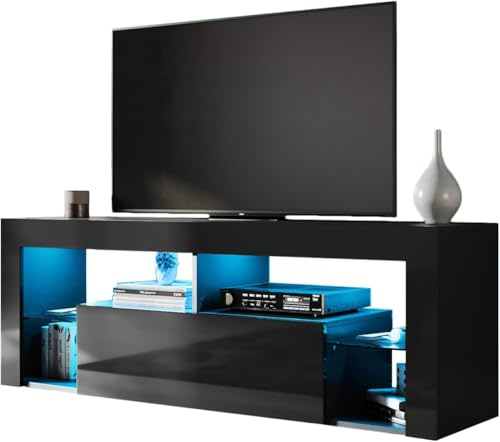 SONNI Fernsehtisch mit LED (16 Farben) Glasböden Schwarz 140x35x50,5cm | Hochglanz Lowboard für Fernseher bis zu 55 Zoll, Fernsehtisch mit Klapptürfach, TV-Regal für Wohnzimmer, Schlafzimmer