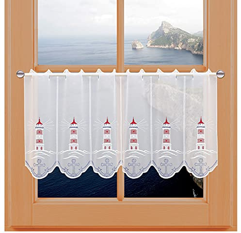 kollektion MT Bestickte Badgardine Leuchtturm mit Anker Moderne Küchengardine Scheibenhänger aus Vogtländischer Spitze 40 x 144 cm