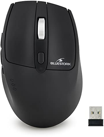 BLUESTORK M-WL-R2-B, Mouse wireless 2,4 GHz ricaricabile, o ricevitore USB, design ergonomico, silenzioso, 1600 DPI, compatibile con PC/Mac/computer portatile – NUOVO 2022 (nero)