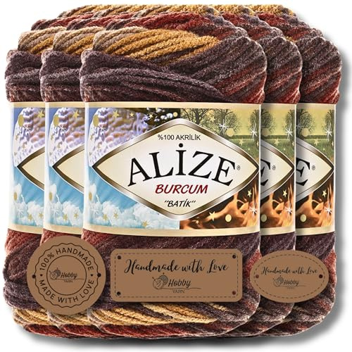 Hobby YARN 3x Etikettenlabel mit Alize Burcum Batik Wolle Premium 5x100g als Set, Yarn, Garn, Strickgarn, Farbverlauf, Babywolle zum Häkeln, Stricken, Kleidung, Schals (3379)