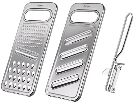 Westmark Set da 3 pezzi: grattugia universale + affettatrice per cetrioli + pelapatate, acciaio inox + Famos, argento, 100222E6