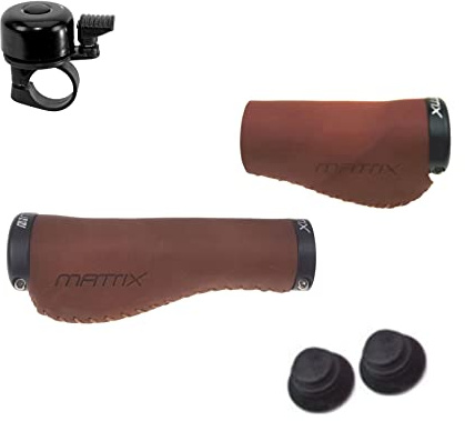 Matrix Lenkergriffe Fahrradgriff Griff Leder Lang Kurz - Braun inkl. Fahrradklingel