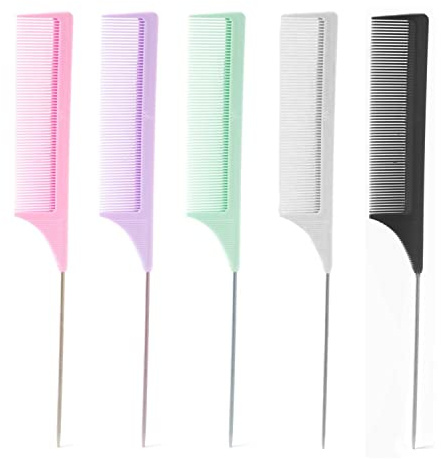 Simply Hair 5 Pc Tail Comb Set - Extra Long Hairdressing Fine Tooth Metal End Rat Tail Comb for Parting, Styling, Highlighting