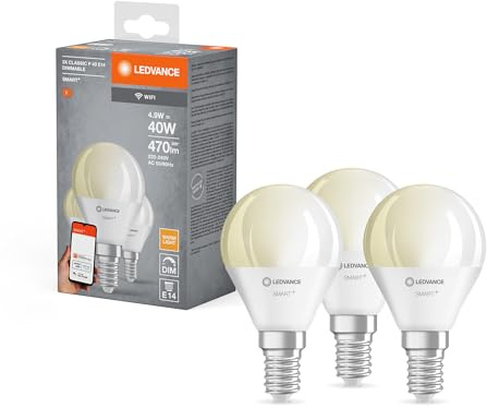 LEDVANCE Smarte LED-Lampe mit WiFi-Technologie für E14-Sockel, matte Optik, Warmweiß (2700K), 470 Lumen, Ersatz herkömmliche 40W-Leuchtmittel, smart dimmbar, 3-er Pack, 4058075779099