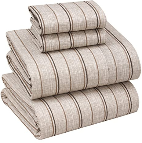 Ruvanti 100% Cotton Full Size Bed Sheets, 4 Pieces, Soft & Breathable Percale Weave Bedding, Deep Pocket 16, Hotel Standard, Crisp Cool Feel, Durable, Perfect Sheet Set Striped, Brown Stripes