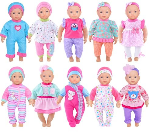 10-Sätze Babypuppe Spielzeit Outfits Kleidung Hut Stirnband Passt für 30-36CM Neugeborene Babypuppen Jungen Mädchen (Keine Puppe)