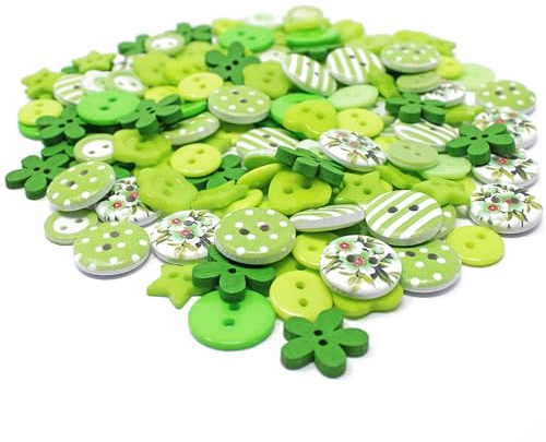 Special-Touches Set mit 150 Knöpfen aus Holz, Acryl und Harz für Kartenkreationen – 15 Farben zur Auswahl (grün/weiß)