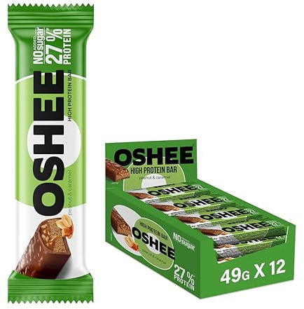 Oshee High Protein Bars – Peanut & Caramel, 49g (Pack of 12), 27% Protein Snack for Muscle Recovery & Energy, No Sugar, High Fibre, Ideal for Active Lifestyles