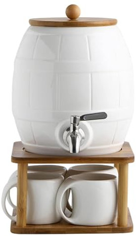 YOtat Dispensador De Bebidas Heladas De Agua De Cerámica De Grado Alimenticio De Porcelana con Grifo De Acero Inoxidable, Botellas De Agua, Jarras, Hervidor/Estante/4 Tazas