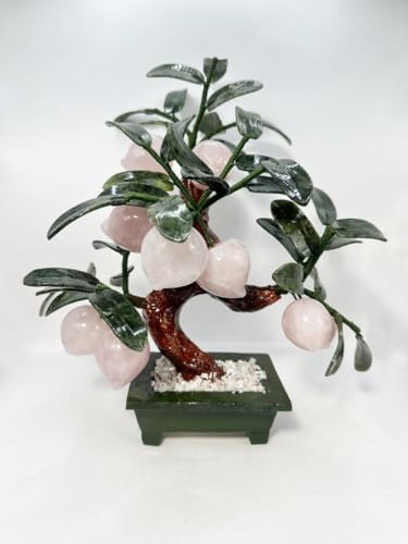 NATURAL MARBLE SHOP Feng Shui Natural Rose Quartz Crystal Peach Tree, Artificial Trees, 9 Fruits, Bonsai Style Decoration for Wealth and Luck, Gift idea Lunar New Year, 11.8 H