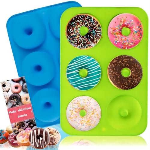 QIKOKU 2 Pack Donut Pan Silicone Baking Mold 6-Cavity Donut Mold with Nonstick Coating Soft and Reusable Donut Mould for Cake Bread Chocolate etc（Blue/Green）