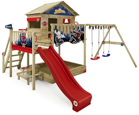 Marvel’s Spider-Man Quest Spielturm von Wickey - Klettergerüst, Kletterturm, Gartenspielgerät für Kinder - Outdoor Garten Spielplatz aus Holz mit Sandkasten