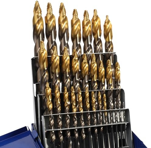 YOUGFIN 29 Pcs M2 High Speed Steel Stepped Point Drill Bit Set with Titanium Coated, 1/16-1/2 by 64ths Drill Bits, Step Bits Set for Iron, Stainless Steel, Metal, Wood, and Plastic
