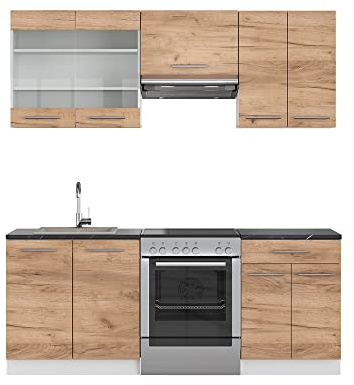 Vicco Küchenzeile Fame-Line, Goldkraft Eiche/Weiß, 200 cm | 5 Module · Höhenverstellbare Füße · AP Anthrazit inkl. · Robuste Fronten · Softclose · Metallgriffe