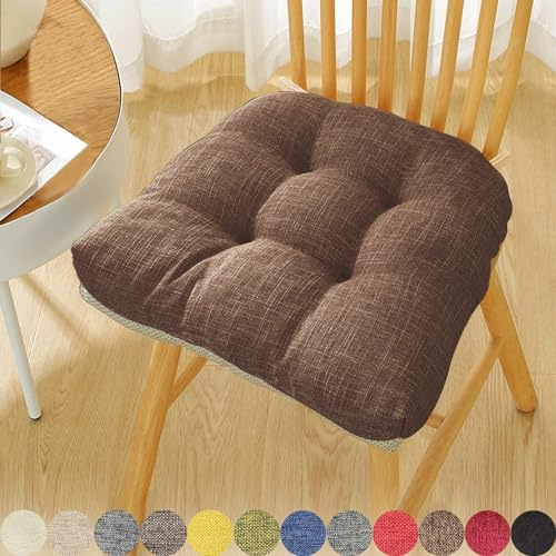 PHUSTJKL Stuhlkissen 6cm Dick Sitzkissen U-Förmig Auflage mit Bändern rutschfest Getuftet Sitzauflage für Indoor Esszimmerstuhl Gartenkissen Terrasse, Stuhlauflage (43X42X40CM, Dunkelbraun)