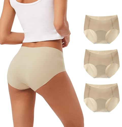 INNERSY Unterhosen Damen Nahtlos Hautfarben Unterwäsche Microfaser Slip Seamless Panty 3er Pack (L, 3 Beige)
