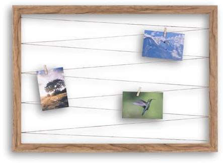CLAMARO Collage Line Fotoleinenhalter, Eiche Catania, 90 x 70 cm | Juteband-Fotoleine, 20 Holzklammern aus Echtholz, MDF-Rahmen 30 mm breit, Metall-Wandaufhänger, für Fotocollagen und Wanddeko