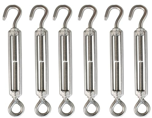 bociloy 6PCS M5 Stainless Steel Turnbuckle Hook and Eye, Heavy Duty Wire Rope Tensioner, Adjustable Turnbuckle Tension Hook for Wire Cable, Garden Wire, Fence Gate Wire, Tent Rope, Silver