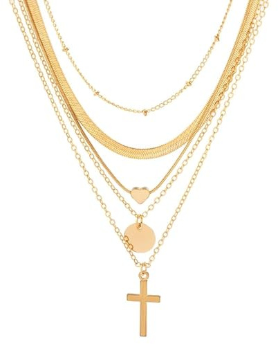 GROVBLE 5-teilige Schlangenkette aus Gold und Edelstahl - Vintage Kreuz, Mehrreihige Damenkette mit Layered Plättchen