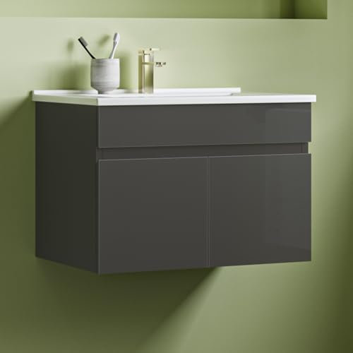 Aica Sanitär Waschtisch mit Unterschrank 60cm Bergen Badmöbel Set Hochglanz Anthrazit Keramik Waschbecken mit Unterschrank MDF Softclose