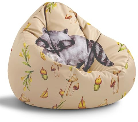 DreamRoots Sitzsack Kinder Bean Bag, Cute Raccoon, Gr. M | Sitzkissen Kinder Boden, Kinderzimmer Möbel, Sitzsäcke fürs Kinderzimmer, mit Füllung