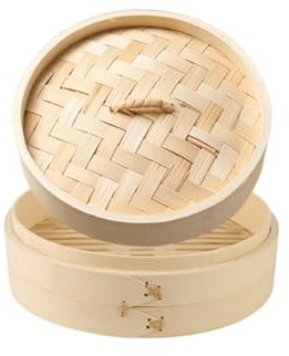 URFEDA Panier Vapeur en Bois Naturel 13cm, Panier Vapeur Asiatique 1 Étages avec Couvercle en Bambou, Panier de Cuisson Vapeur pour Dim Sum Poulet Poisson Légumes Cuisson