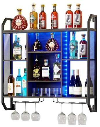 MSFE Wall Mounted Wine Rack With LED, Metal Bar Shelves Wall Mounted, 4-Tie Bar Unit Wall Wine Display Racks, Anti-Rust Durable Space Saving Multifunctional Storage, for Home, Restaurant