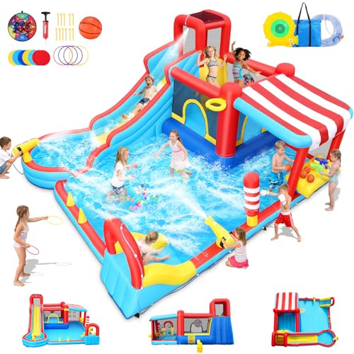 AKEYDIY Inflatable Water Slide, 18 in 1 Water Park Bounce House for Big Kids, Bouncy House with Dual Slides,Big Splash Pool,Water Cannon for Outdoor/Backyard/Party, Water Bounce House with 550W Blower