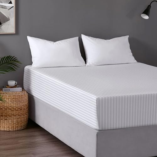 Hotel Quality Single Fitted Sheet – 30 cm Extra Deep Satin Stripe Fitted Bed Sheets Hypoallergenic Durable and Easy Care Bedding Sheet (White, Single)