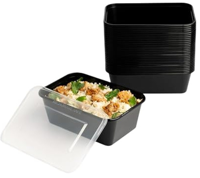 1ABOVE Secure Pack 50 x Microwave Black Plastic Food Takeaway Heavy Duty Containers with Clear Lids, Freezer & Dish Washer Safe (500ML)