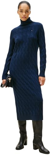 Tommy Hilfiger Donna Abito in Maglia Soft Wool Cable con Collo Alto, Blu (Dark Night Navy), S