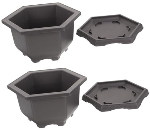 Warmhm Kunststoff-Blumenpflanzen-Bonsaischale Mit Untersetzer – 2er Set Sechskant Blumentöpfe Mit Feuchtigkeitsschale Für Garten Und Zimmerpflanzen Im Innen Und Außenbereich