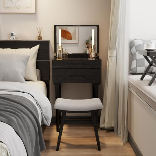 Muwuele Solid Wood Small Vanity Desk with Mirror and Lights, Narrow Makeup Vanity for Small Space, Flip Top Vanity Side Table, 3 Color Modes & Adjustable Brightness, 19.6 Slim Dressing Table, Black