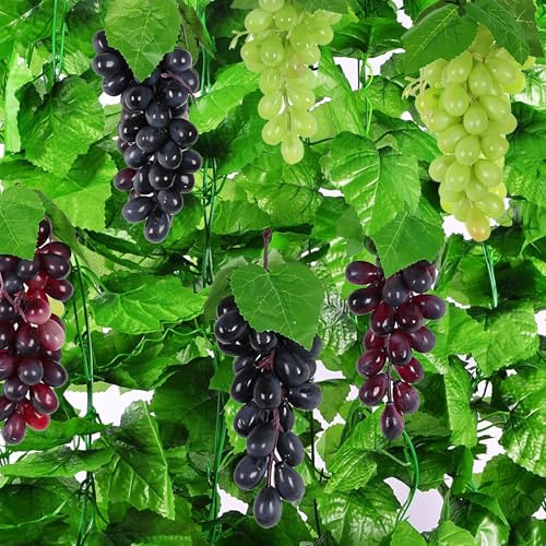 Woohome 12 PCS Feuille de Vigne Artificielle, 6 PCS Faux Raisin de Vigne, Raisin Artificiel et Vigne pour Décoration D'intérieur, Décoration de Mariage