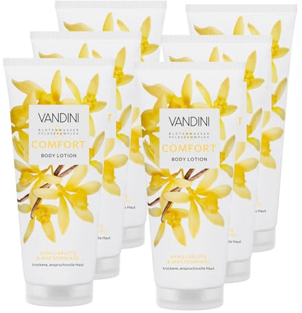 VANDINI COMFORT Body Lotion Damen 6x 200 ml mit Vanilleblüte & Macadamiaöl | Body Lotion für trockene, anspruchsvolle Haut - vegan, ohne Parabene & Silikone, Made in Germany