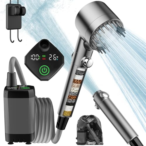 MEKO Portable Camping Shower with 15 Stage Filter, Rechargeable 6000mAh Shower Pump with Intelligent LED Display, 3+1 Spray IPX7 Waterproof Outdoor Shower Kit for Camping, Hiking, Travel, Car, Pet