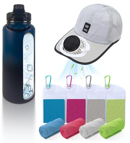 SwiftServ 3-Piece Cooling Set for Summer Sports & Game Day, Solar Fan Hat, Insulated Water Bottle, Instant Cooling Towels, Soccer Events, Stadium, Travel, Outdoor Work Essentials