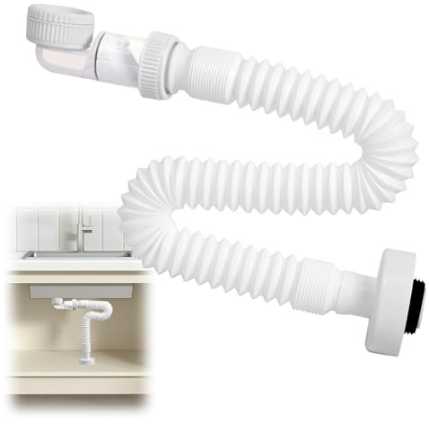 TayBong Siphon Flexibel, 1 1/4 Zoll Siphon Waschbecken Bad, Raumsparsiphon mit Geruchsverschluss, 360° Flexibler & Verlängerbarer Abflussrohr für Küche & Badezimmer, Weiß Abfluss Waschbecken