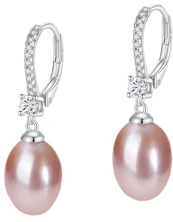 YAMI Damen-Perlenohrringe, 8mm Süßwasser-/Salzwasser-Zuchtperlen, Weiß/Schwarz/Rosa-Lila, Perlenohrringe Silber 925, Hypoallergene Ohrringe, Damenschmuck-Geschenk, für Jeden Anlass Geeignet
