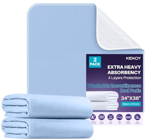 Kekoy Reusable Incontinence Bed Sheets Washable 2-Pack, 34 x 36 Inch Waterproof Sheets for Bed Wetting Mattress Protector, Washable Bed Pads for Incontinence Adults, Elderly, 86 x 91 cm