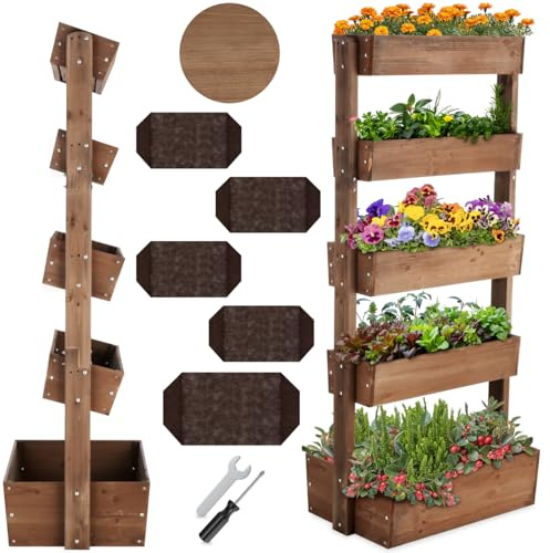tectake® Jardinière Verticale 5 étages, 81 x 52 x 180 cm, Bois de Sapin | Compacte et élégante, drainage intégré, microclimat sain, montage rapide, toile de paillage respirante incluse, marron