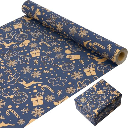 43 cm x 15 m blaues Weihnachtsgeschenkpapier, recycelbares Kraftpapier mit Weihnachtsmuster zum Verpacken von Weihnachtsgeschenken