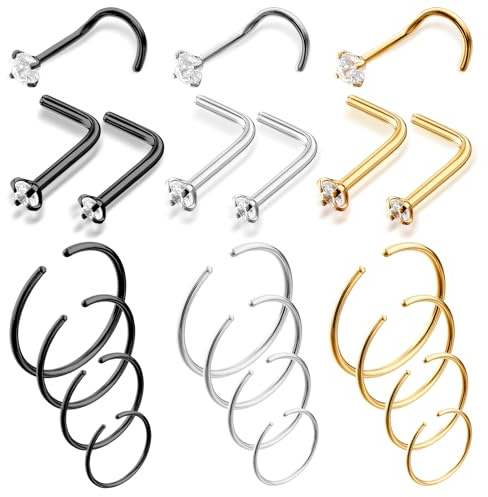 Tucnoeu 21 st ring med falsk näsa, spiral tragus piercing, smycken, rostfritt stål labret dubbar med zirkon för tragusknapp, silver guld svart näsborre piercing smycken, 6 mm 8 mm 10 mm 12 mm