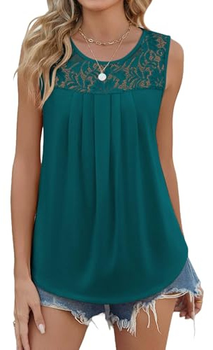 Zeagoo Tops for Women UK Summer Sleeveless Tops Long Vest Top Lace Dressy Pleated Tunic XL Teal