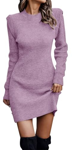 Generisch Robe pull pour femme, col haut, manches longues, couleur unie, col haut, robe longue tricotée, lilas, XL