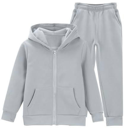 Survêtement athlétique 2 pièces pour filles et garçons avec fermeture éclair intégrale, sweat à capuche et pantalon de jogging pour enfants, vêtements de sport, gris, 11-12 ans