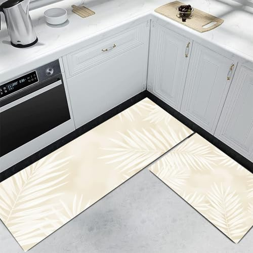 Alfombras de Cocina Hojas Tropicales Juego de 2 Piezas Alfombras con Hojas de Palma Blancas, Antideslizantes y Lavables para Entradas Cocinas Vestíbulos, Beige, 40x60cm+40x120 cm