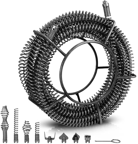 Espirales para limpieza de tuberías (diámetro 16 mm x 15 m, con 8 cabezales, eje de limpieza de tuberías, espiral flexible para tubos de 32 – 100 mm, para máquina de limpieza de tuberías, limpiador de